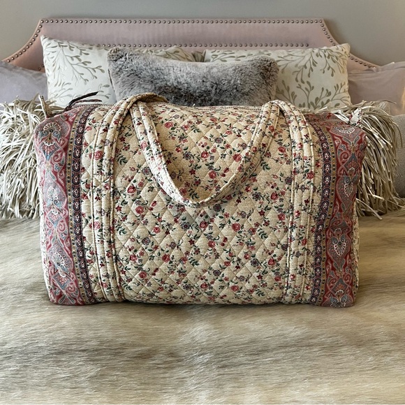 Vintage VERA BRADLEY Cream 1985 Large Duffle Bag Pink Floral Cottage Quilted - Picture 7 of 14